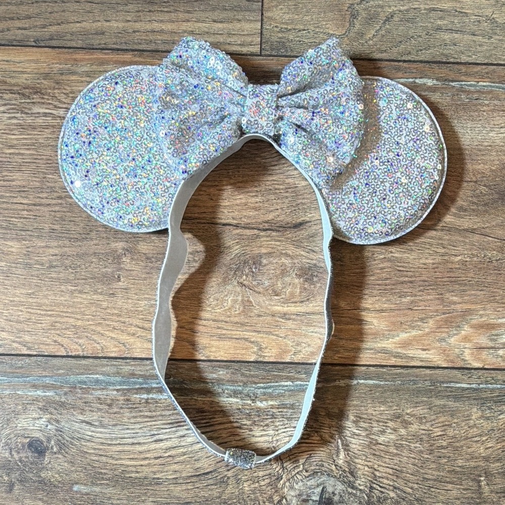 New Adjustable Silver Holographic Sequin Mouse Ears Headband Bow Sparkle